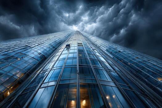 Window washers clinging to a skyscraper during a dramatic thunderstorm photo