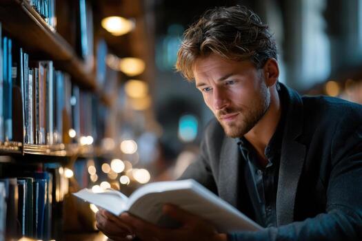 Focused man reading a book in a cozy library with soft lighting photo