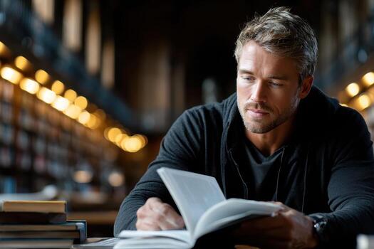Man engrossed in reading at a library table with soft background lighting photo