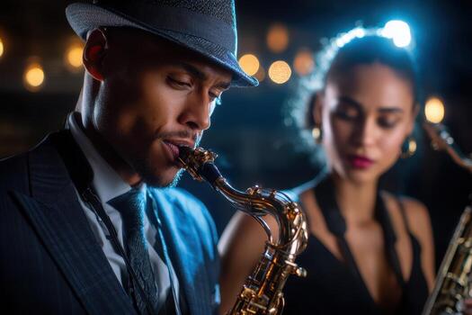 Two Saxophonists Lost in the Music Under Soft Stage Lights photo