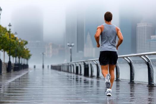 Man jogging on a rainy boardwalk with a misty cityscape in the background photo