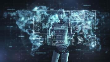 robot arbetssätt med virtuell interaktiv gränssnitt med värld Karta video