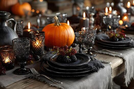 Elegant Halloween Table Setting with Pumpkins and Candlelight for Festive Gatherings photo