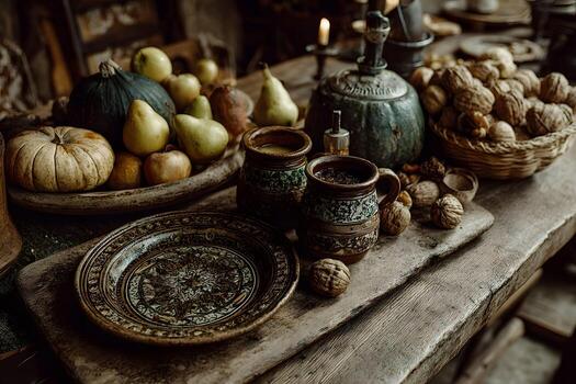 Rustic Autumn Harvest Table Setting with Fruit and Walnut Decor for Seasonal Gatherings photo