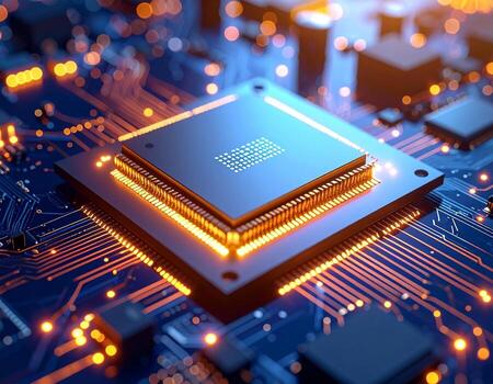 avanzado pastilla tecnología brillante computadora procesador en circuito tablero. foto