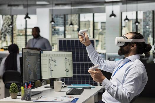 Engineer in office using VR headset to design solar panel cells with reduced carbon footprint. RD expert uses virtual reality simulation to develop robotic arm systems for solar panel production photo