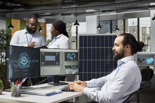 Engineer in office using artificial intelligence to design solar panel cells with reduced carbon footprint. RD expert uses AI deep learning to develop robotic arm systems for solar panel production photo