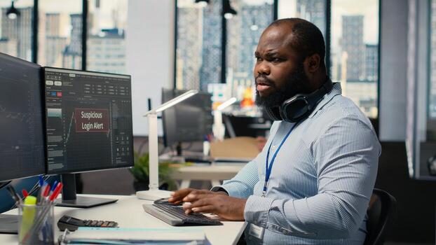 Prop firm day trader panicked by suspicious login attempt warning on trading software interface. Brokerage company worker seeing security alert notification of unauthorized login activity photo