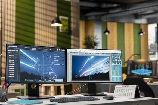 Empty alternative energy tech company with design program on computer display used for monitoring eco power line towers. CAD software on PC monitor used to upgrade transmission tower systems photo