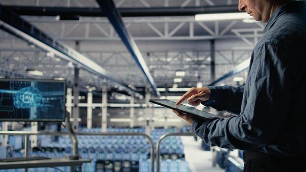 Server room employee checks data charts on tablet to monitor system health. System administrator reviews graphs to make sure data center meets business goals and client needs, camera A photo
