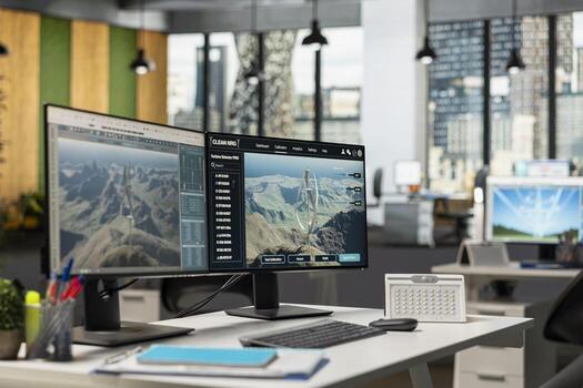 PC in empty office used to research next generation wind turbine technologies, accelerating clean energy adoption. Computer in RD workspace used to optimize aerodynamic design of VAWT turbine photo