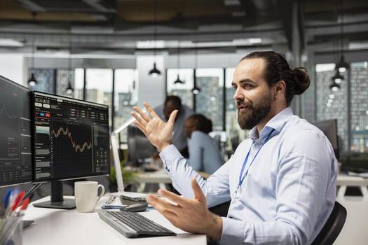 Trader in proprietary firm office analyzing market data and executing trades using trading platform dashboard on PC. Asset management company agent monitoring stock exchange valuation using computer photo