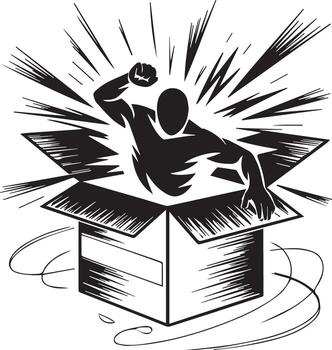 Dynamic Black and White Illustration of Man Emerging from Box Symbolizing Breakthrough Innovation and Unexpected Success vector