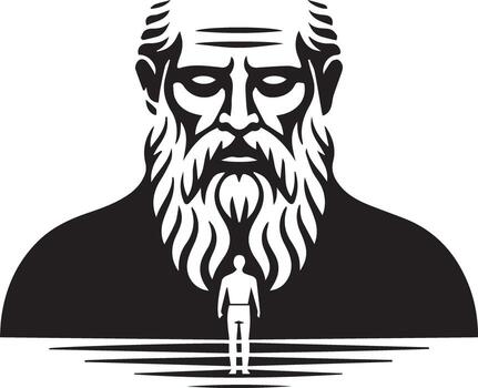 Monochromatic illustration Imposing ancient figure stylized beard solemn expression small human figure below symbolic of legacy wisdom and the passage of time powerful graphic design vector