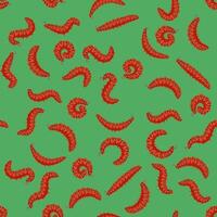Red Cartoon Caterpillars Seamless Pattern Isolated on Green Background. Cute Summer Insects. Small Maggot Move. Butterfly Life Cycle. vector