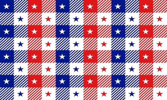 sin costura modelo diseño consiste de un cuadrícula de alterno cuadrícula, algunos sólido azul con blanco estrellas, otros rojo y blanco a rayas, y algunos sólido rojo con blanco estrellas vector