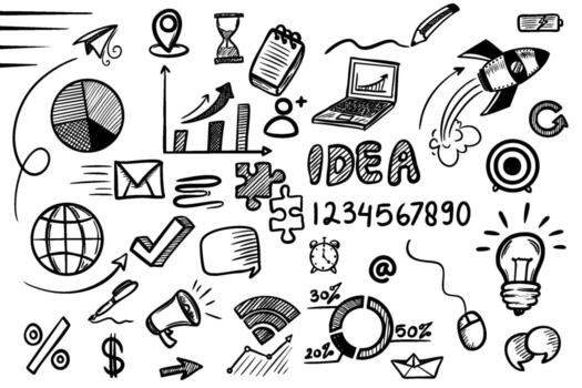 Business money sketch idea icon set. Hand drawn sketch elements for startup, project, goal and teamwork. vector