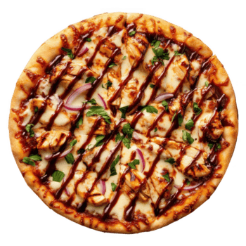 uma pizza com frango, cebolas e churrasco molho png