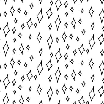 Pattern of mini glitter, doodle. Diamonds of different sizes. Black line on white. Seamless texture. Cute children's drawing. Shape, symbol that repeats in rotation. Minimalistic linear style vector