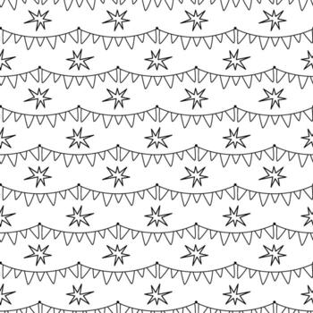 pattern of festive stretch garland with flags on string. Hand-drawn doodle. Oval flags of different sizes on starry background. Seamless texture for holidays. Wedding, Mother's Day, Birthday vector