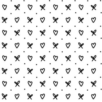 modelo de mini arcos y corazones, garabatear. hilo atado con dos bucles en un fila con un corazón, puntos negro línea en blanco. sin costura textura. para niños. forma, símbolo ese se repite en rotación. minimalista vector