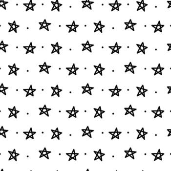 Pattern of mini five-pointed stars with dots in a row. Star with a single line. Black line on white. Seamless texture. Cute children's drawing. Shape with a repeating symbol. Minimalist linear style vector