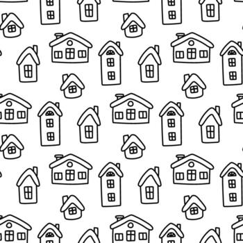 Pattern of mini variety houses, doodle. horizontal, vertical. Roof, windows. Black line on white. Seamless texture. Children's drawing. Shape, symbol, repeating in rotation. Minimalistic linear style vector