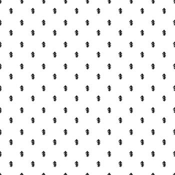 Pattern doodle mini schematic Christmas trees of the same size. The line is black on white. Seamless texture. Cute children's drawing. Shape, symbol repeating in rotation. Minimalistic linear style vector