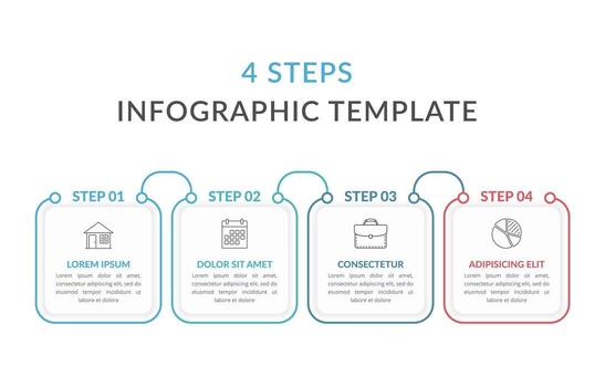 Infographic template with connected four squares with text and line icons, process diagram, workflow, four steps or options vector