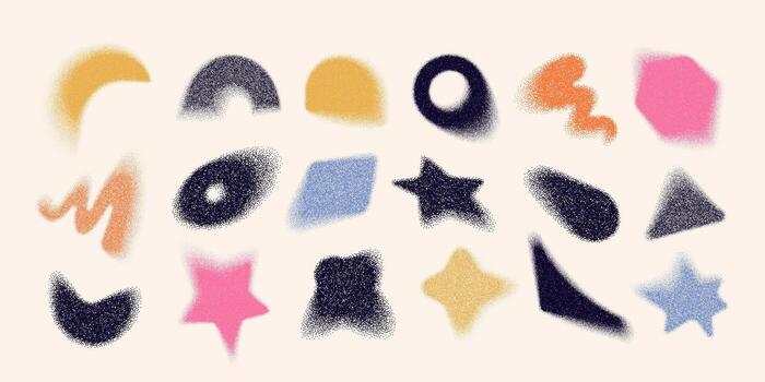 Set of soft grainy shapes, icons, gradations. Abstract isolated figures, noise blurs, various geometric forms, dotted decoration elements, motion effect. Retro design for banner, poster, background. vector