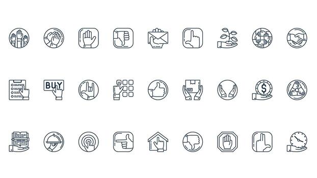 Hands icons set in outline stroke design for web. Pack line pictograms with raising up, applause, palms, dislike, holding letter, support, handshake, pointing, buy, click, more. illustration. vector