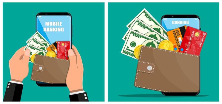 Mobile banking with money and cards vector
