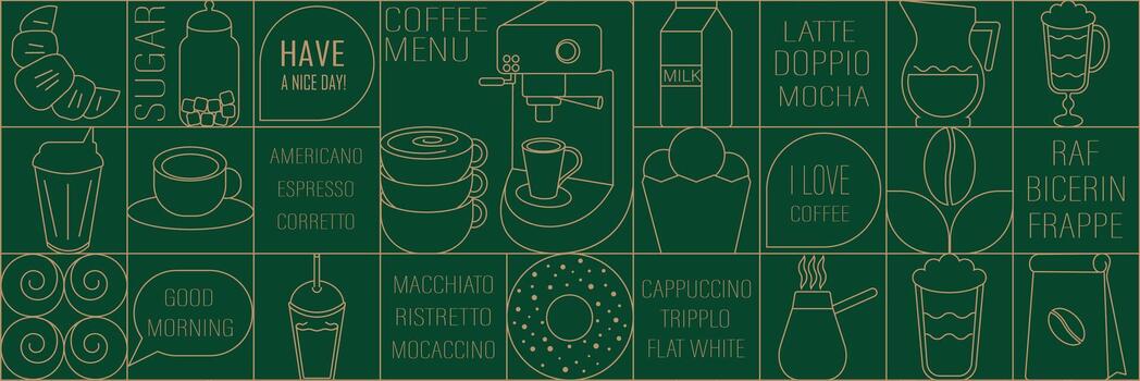 geométrico café y té modelo en minimalista estilo. resumen impresión antecedentes con sencillo formas para café comercio, comida embalaje, café muro, menú.a verde antecedentes con varios comida artículos vector