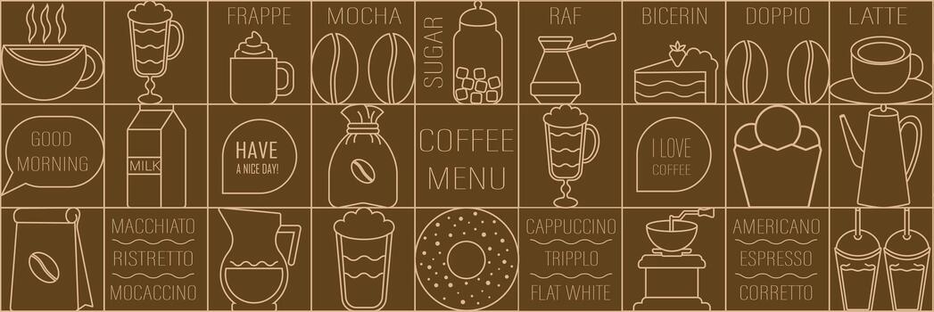 Geometric coffee and tea pattern in minimalist style. Abstract print background with simple shapes for coffee shop, food packaging, cafe wall, menu. Coffee shop menu illustration vector