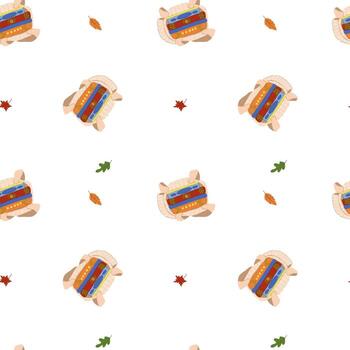 Cute seamless pattern with open bag with books and falling leaves hand drawn on white background. Cozy autumn book pattern vector