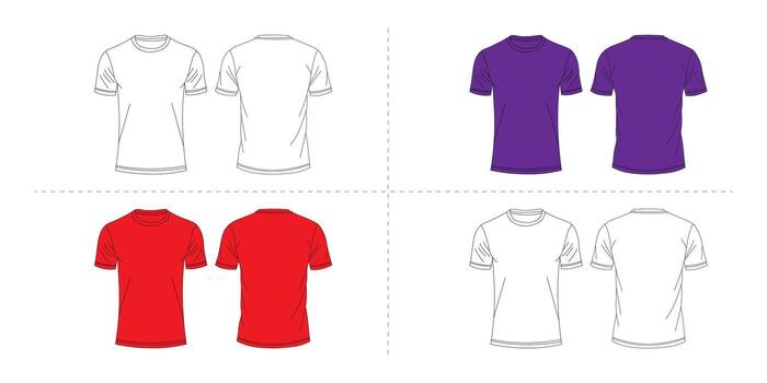 Red, and purple, t-shirt front and back, front and back view, isolated on white background in flat vector