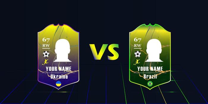 Two soccer player cards with silhouettes, rating, soccer ball icon and flags. Digital mockup template with text against on dark background. Concept of sports competition and soccer match for design. vector