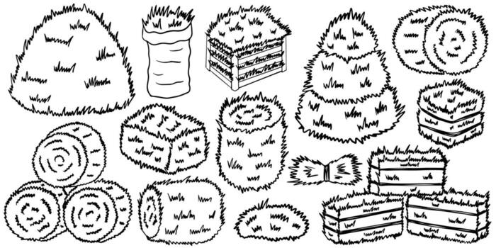 Set of haystack, bag of hay and hay. Hand drawn sketch different kinds of haystacks set vector