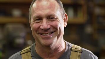 vicino su di un' sorridente uomo con tuta da lavoro nel un' laboratorio ambientazione guardare a il telecamera direttamente video