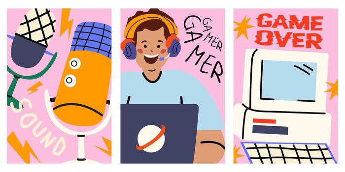 jugadores dibujos animados maravilloso carteles conjunto en un rosado antecedentes. ciberespacio tecnología concepto. micrófono, computadora, computadora portátil, teclado, chico personaje. serpentinas, web blogging concepto vector