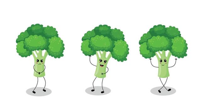 A set of three adorable broccoli characters with expressive faces and playful poses. Each broccoli shows a unique emotion angry, happy, and dancing vector