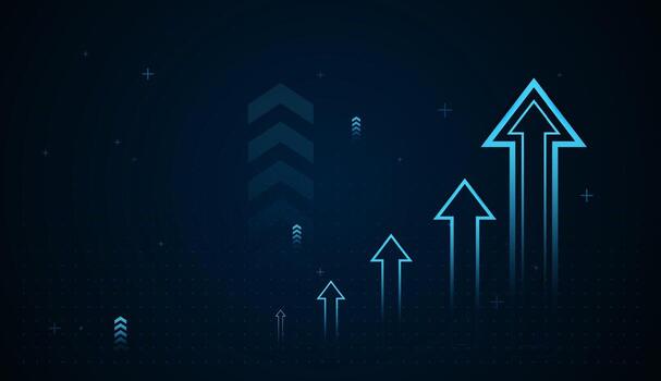 A series of glowing blue arrows rise diagonally, symbolizing steady progress and continuous growth. The largest arrow leads the way, representing achievement and future success vector