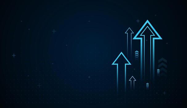Glowing blue arrows rise against a dark digital grid, symbolizing growth, ambition, and forward progress. The largest arrow stands out, representing leadership and strong upward vector