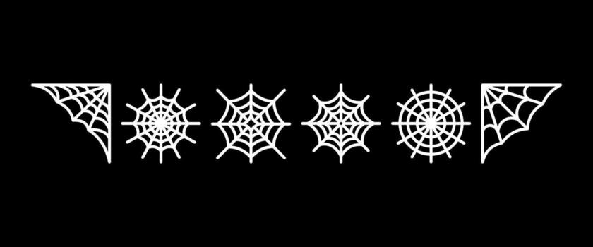 Collection of spider web designs in different shapes on black background. Set of white symmetrical web elements. vector