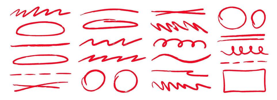 Red hand drawn shapes and lines set. Sketched geometric frames and stripes collection. Zig zag and wavy scribble pack. Marker note signs for mark, emphasis, accent, highlight. Doodled borders vector