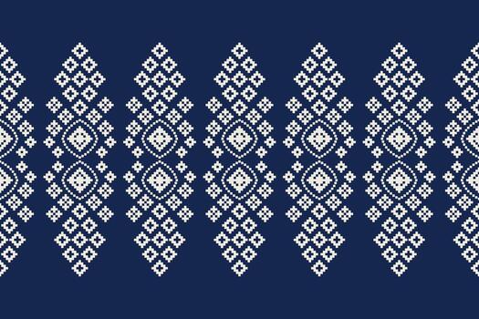 Cross stitch with blue background ethnic pattern motifs pixel style abstract texture aztec. vector