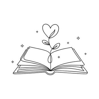 Continuous line drawing of open book with heart shaped plant vector
