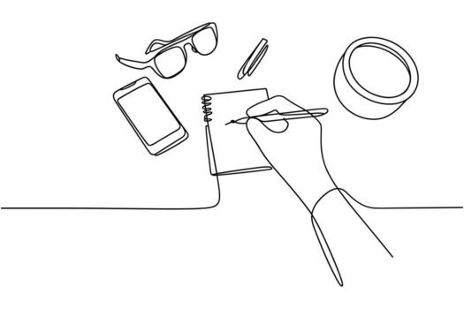Overhead view of hand writing in notebook with phone and glasses vector