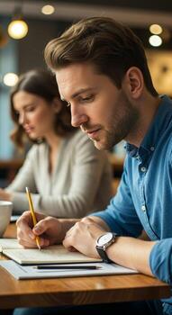 man intently writes in a notebook at a cafe table. photo