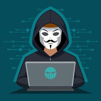 hacker agresor con un computadora portátil, intentando a robar personal datos. web seguridad amenaza, ciberdelincuencia, y suplantación de identidad concepto con programación código en el antecedentes. vector